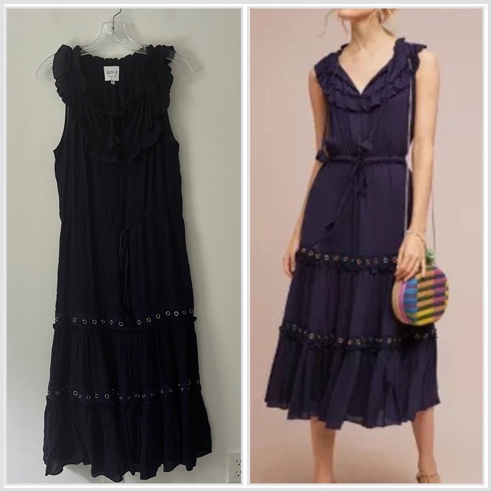 Misa Los Angeles Gabriella Grommet Tiered Ruffle Sleeveless Midi Dress Blue M